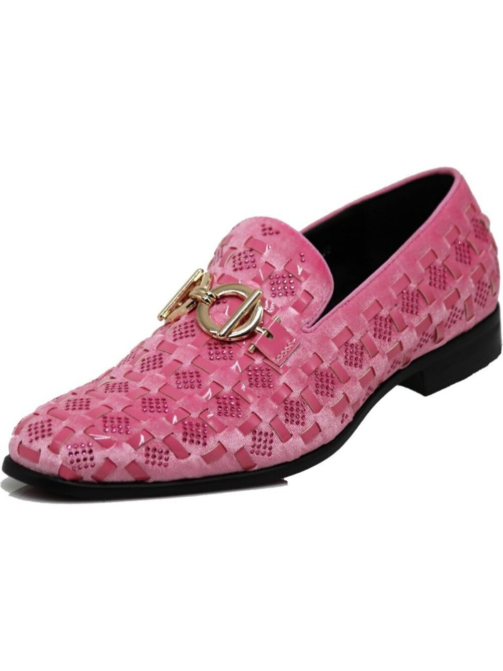 PARRAZO Men's Pink Glitter Rhinestone Loafers Metal Buckle Slip On Formal Shoes